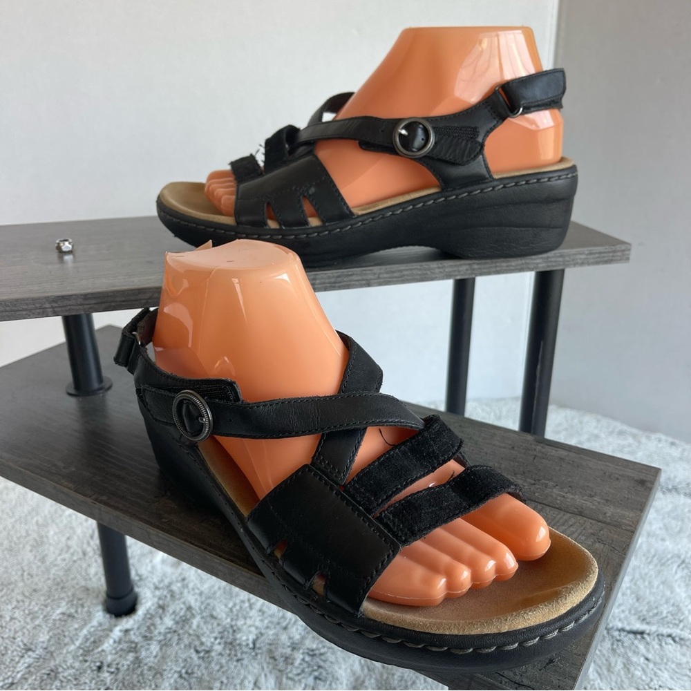 Clarks Collection Merliah Bonita Tuleah May Black Leather Wedge Sandals Size 8.0